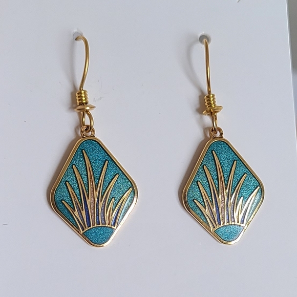 Vintage Art Deco Roccoco Gold Tone Turquoise Enamel Reed Boho Drop Earrings - Picture 10 of 13